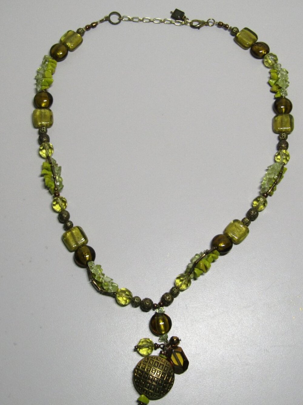 Unique vintage necklace with yellow, gold and crystal beads & pendant 21 inches